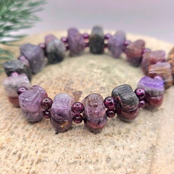 Nature Auralite 23 Hand Carved Pi Xiu Purple Garnet Feng Shui Bracelet - Picture 1 of 10
